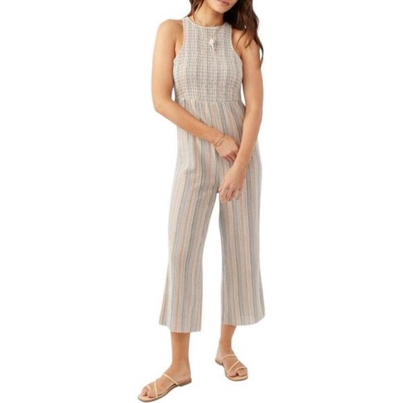 O’Neill dellora Stripe smocked high neck wide leg Jumpsuit size small - Picture 3 of 6